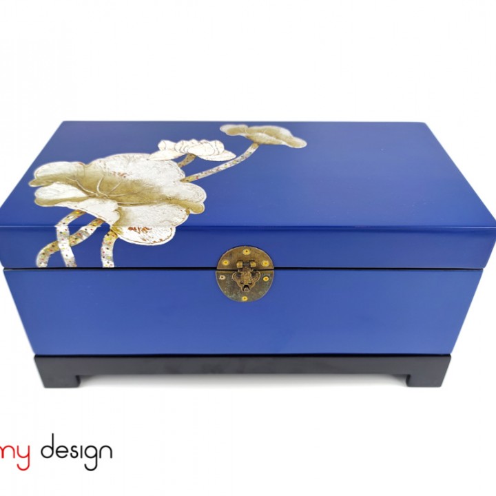 Blue rectangle lacquer box hand-painted with lotus included with stand 18x35 cm